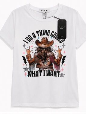 Y&F NWT Rhinestone Cowgirl Western Graphic Tee White S/M